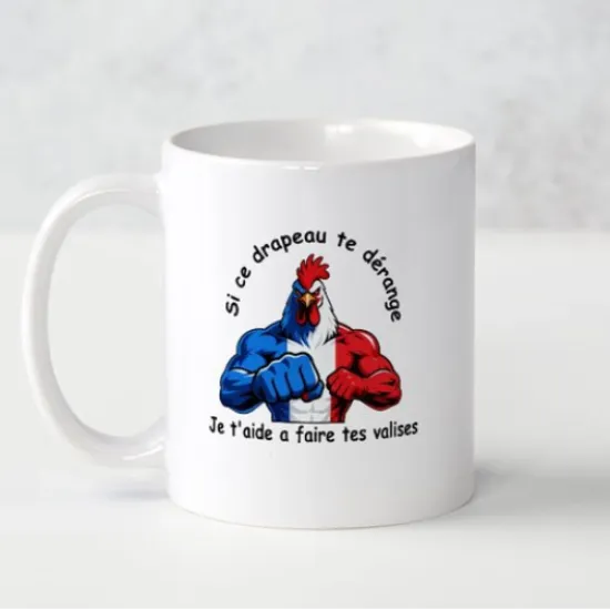 Image de Tasse mug blanche avec coq « Si ce drapeau te derange je t'aide a faire tes valises »